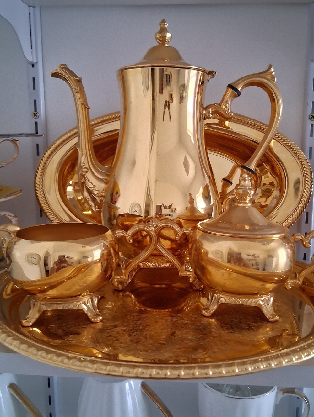 6-piece set Gold Plated Tea/Coffee Set - Shiny Gold Serving Tray and Pieces